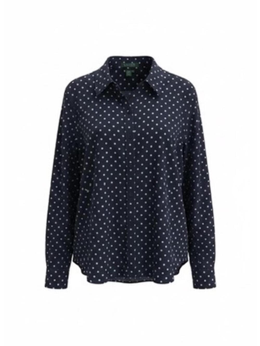 Lauren Ralph Lauren Womens Size M Long Sl Navy and White Polka Dot Blouse